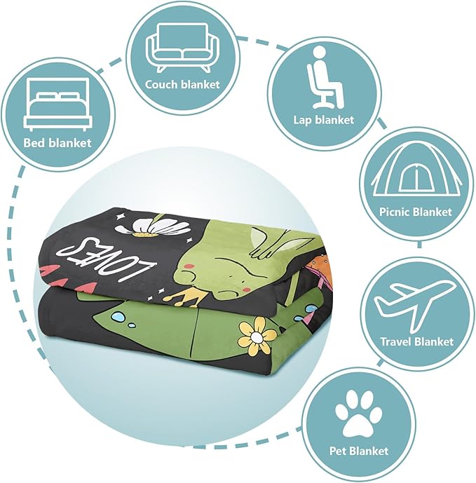 Frog Lover Blanket, Just A Girl Who Loves Frogs Blanket, Soft Warm Cozy Fleece Throw, Gifts for Girls Women Kids, 60"x80", Black