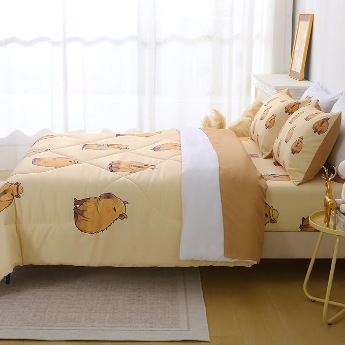 Wajade Capybara Comforter Set 7 Piece Cute Brown Animal Bedding Set Capybara for Boys Girls Room Decoration Twin Size with Sheet and 2 Pillowcases 2 Pillow Shams Cute Bed in a Bag as Birthday Gift