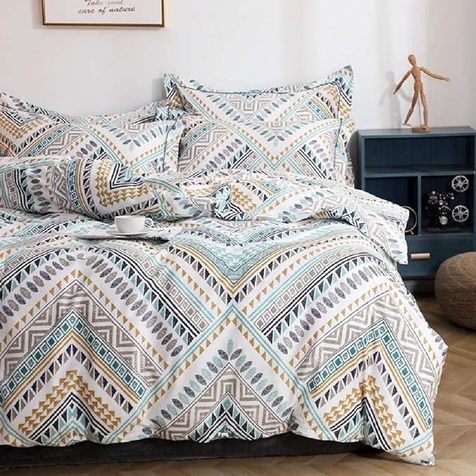 Boho Duvet Cover Queen, 100% Cotton 3 pcs Triangle Tribal Bedding Set, Aztec Modern Rustic Southwestern Louvre Patterned Tribal Print Duvet Cover, with Zipper Closure, Breathable (No Comforter)