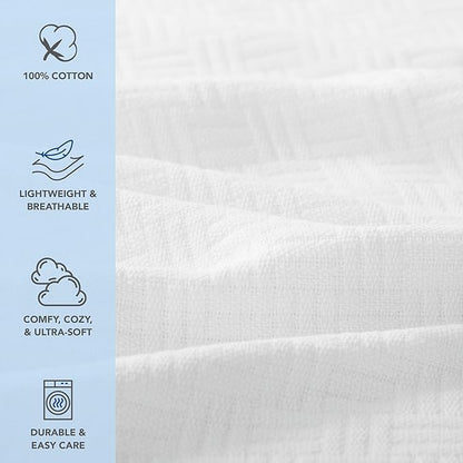 Arkwright Basket Weave Throw Blanket - 100% Ringspun Cotton All Season Throws, Luxury Hotel Quality, Soft on Skin, Breathable, 300 GSM for Bed, Sofa, and Chair, 50 X 70 in, White