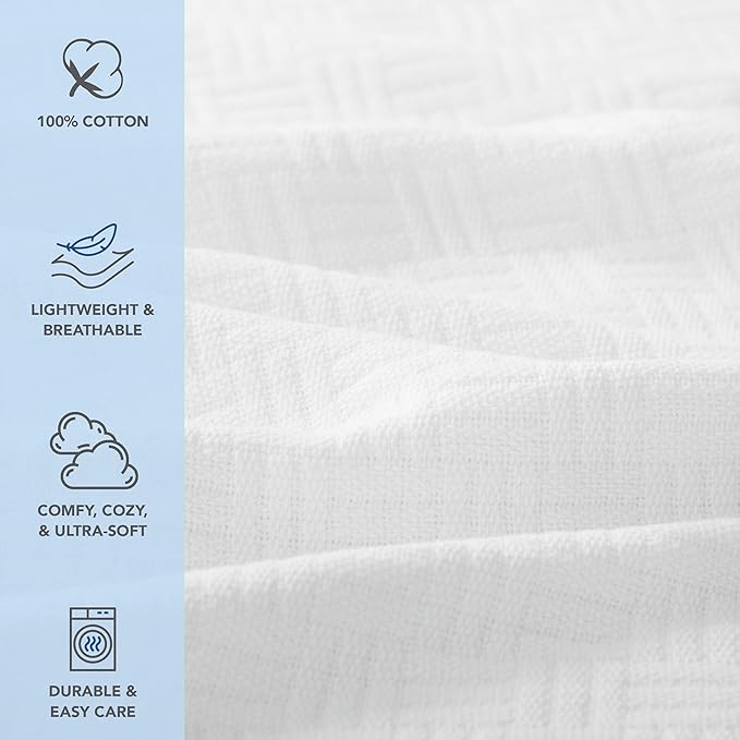 Arkwright Basket Weave Queen Blanket - Case of 4-100% Ringspun Cotton All Season Blankets, Luxury Hotel Quality, Soft on Skin, Breathable, 300 GSM for Bed, Sofa, and Chair, 90 X 90 in, White