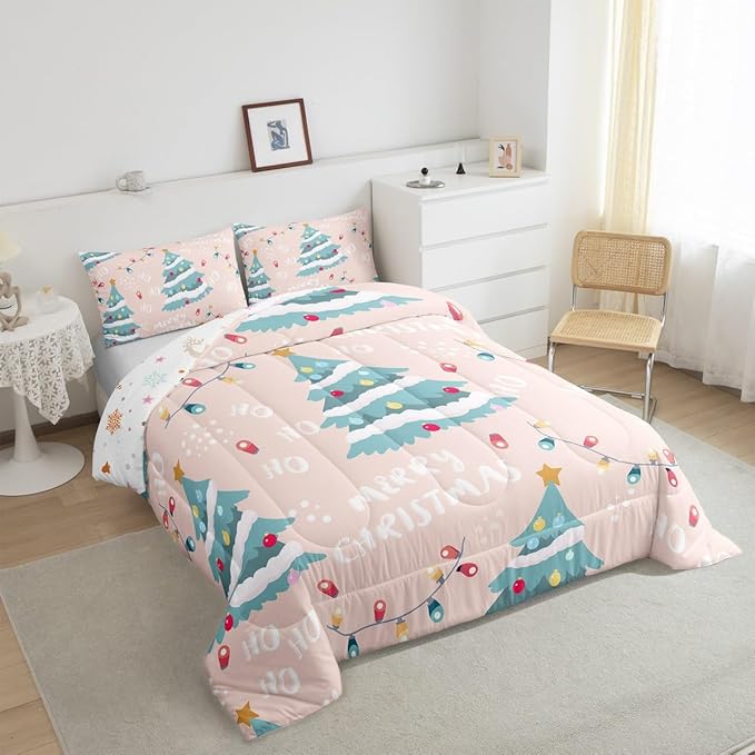 Erosebridal Christmas Tree Comforter Set for Kids Teens Adult,Xmas Bedding King,Happy New Year Comforter Sets,Winter Festivals Duvet Insert with 2 Pillow Shams, Pink