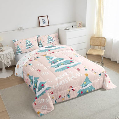Erosebridal Christmas Tree Comforter Set for Kids Teens Adult,Xmas Bedding Full,Happy New Year Comforter Sets,Winter Festivals Duvet Insert with 2 Pillow Shams, Pink