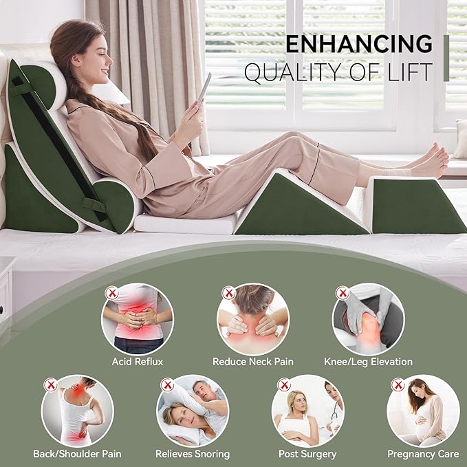 Wedge Pillow Set for After Surgery, 7 PCS Bed Wedge Pillow for Sleeping, Memory Foam Orthopedic Back Pillow for Pain Relief and Acid Reflux, Adjustable Post Surgery Pillow Green