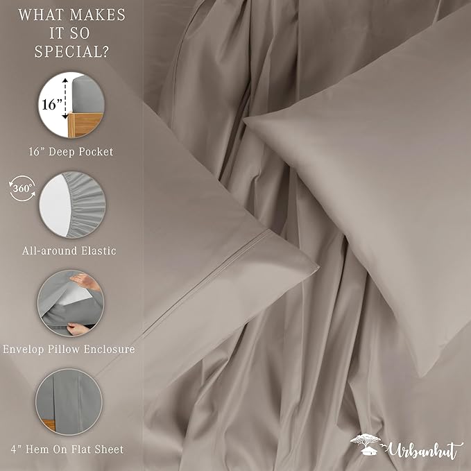 URBANHUT 1000 Thread Count Egyptian Cotton Sheets Full Size, Long Staple Soft & Breathable, 4 Pc Bed Sheet Sets, Luxury Hotel Sateen Sheets Fits 16" Deep Pocket - Dark Grey