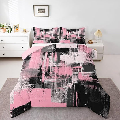 Feelyou Pink Black Abstract Duvet Quilt Queen Size Geometric Bedding Set for Kids Boys Girls Decor Modern Comforter Set Breathable Soft Lightweight Microfiber Buffalo Check Bedroom Decor Bedclothes