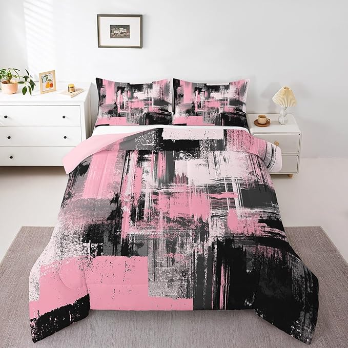 Feelyou Pink Black Abstract Duvet Quilt Full Size Geometric Bedding Set for Kids Boys Girls Decor Modern Comforter Set Breathable Soft Lightweight Microfiber Buffalo Check Bedroom Decor Bedclothes