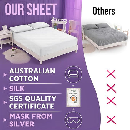 Luxury Grounding Sheets Queen 22% Silver Fiber, 74% Cotton, 4% Silk, SGS Quality Certified Grounded Well Bed Sheet - Conductive Earth Fitted Sheet for Better Sleep, White
