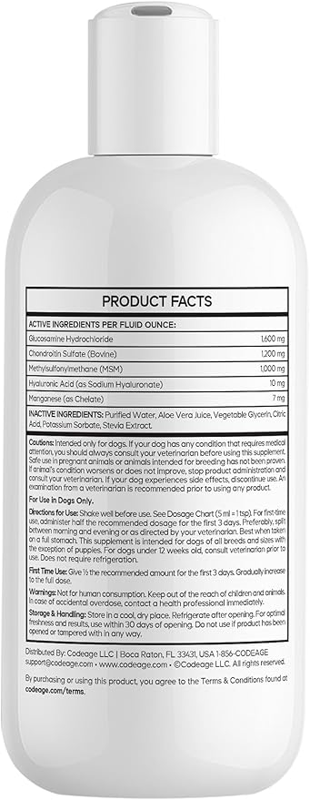 Liquid Glucosamine for Dogs - Glucosamine, Chondroitin, MSM, Hyaluronic Acid, Manganese Chelate for Pets - Liquid Dog Supplement - All Breeds - 8 fl oz