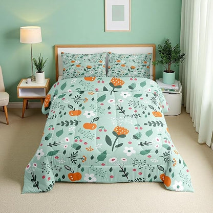 Erosebridal Green Floral Toddler Bedding Set - Boho Flower Cute Comforter Set for Girls Kids, Botanical Plant Green Leaf Bed Set, Cottage Core Room Decor with 1 Pillowcase, Lightweight