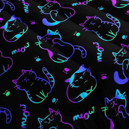 3D Neon Cat Kids Comforter Set,Gradient Line Cat Toddler Comforters Twin Size for Teens Kids Boys Girls Room Decoration,Black Kawaii Bedding Sets with 2 Pillowcases.