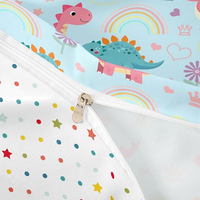 Kawaii Dino Duvet Cover Set Toddler Size,Cute Rainbow Floral Love Heart Reversible Quilt Cover for Kids Boys Girls Blue Pink Dinosaur Cartoon Animal Bedding Set with 1 Pillowcase,No Comforter