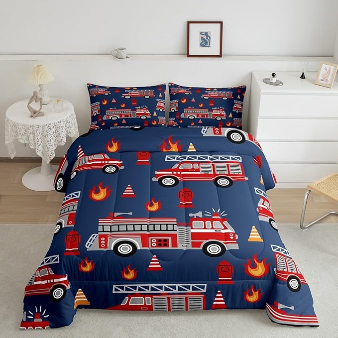 Cartoon Car Bedding Set Fire Truck Comforter Set for Kids Boys Girls Teens Room Decor Firefighter Comforter Firemen Car Vehicle Fire Engine Blue Red Duvet Set 2Pcs Twin Size With 1 Pillow Case