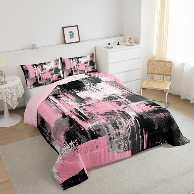 Feelyou Pink Black Abstract Duvet Quilt Toddler Size Geometric Bedding Set for Kids Boys Girls Decor Modern Comforter Set Breathable Soft Lightweight Microfiber Buffalo Check Bedroom Decor Bedclothes