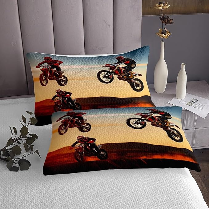 Feelyou Boys Motocross Rider Quilted Coverlet for Kids Adults Extreme Sports Theme Coverlet Set Motorcycle Pattern Bedspread Cool Dirt Bike Beding Collection Room Decor Queen Size