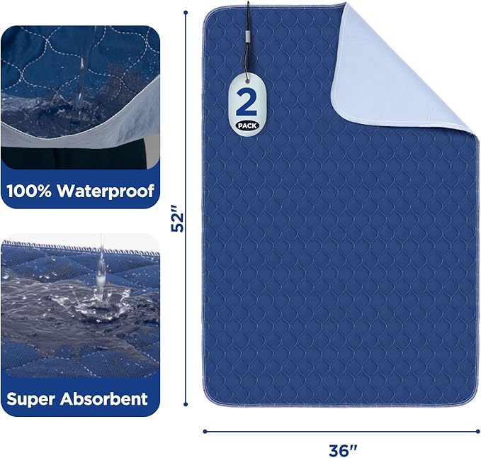 Hide Stains Bed Pads Washable Waterproof for Incontinence, 4-Layer Absorbency Pee Pads, Washable Underpad, Bed Wetting Pad for Elderly, Adults, Pets, 36"x52"-2 Pack, Navy Blue