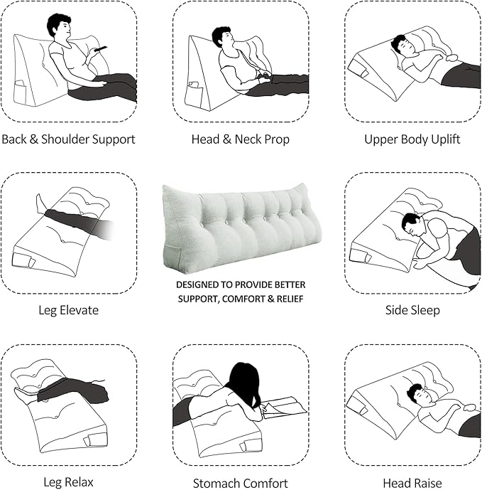 Wedge Pillow Headboard Reading Pillow for Sitting Up in Bed Adult Backrest Large Triangle Bolster Pillow for Couch Daybed Cushion Lumbar Body Support Leg Positioning（Ivory Beige, Full