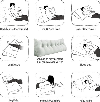 Wedge Pillow Headboard Reading Pillow for Sitting Up in Bed Adult Backrest Large Triangle Bolster Pillow for Couch Daybed Cushion Lumbar Body Support Leg Positioning（Ivory Beige, Full