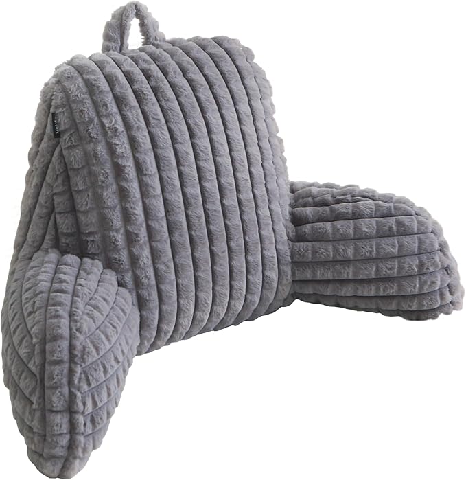 Faux Rabbit Fur Reading Pillow with Arms,Removable Cover, Adjustable Shredded Foam Filling,Bed Rest Back Pillow for Reading,Watching TV,Gaming–Grey