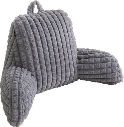 Faux Rabbit Fur Reading Pillow with Arms,Removable Cover, Adjustable Shredded Foam Filling,Bed Rest Back Pillow for Reading,Watching TV,Gaming–Grey