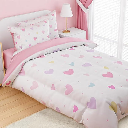 SANDJEST Heart Comforter Set Twin Size 68x86in for Kids Girls, Microfiber 3 Pcs Bedding Set Includes 1 Comforter, 1 Pillowcase, 1 Fitted Sheet, Nursery Room Decor