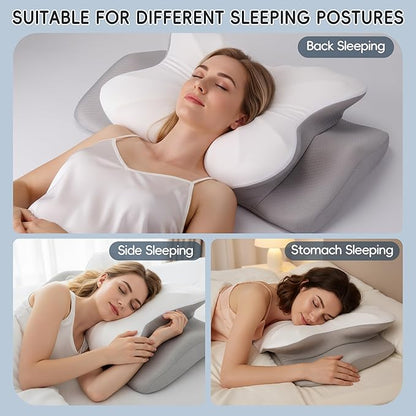 Cervical Neck Pillow, Ergonomic Side Sleeper Pillow for Pain Relief, Cooling Pillow for Sleeping, Neck and Shoulder, Contour Orthopedic Memory Foam Pillows for Back Stomach Sleepers White Grey