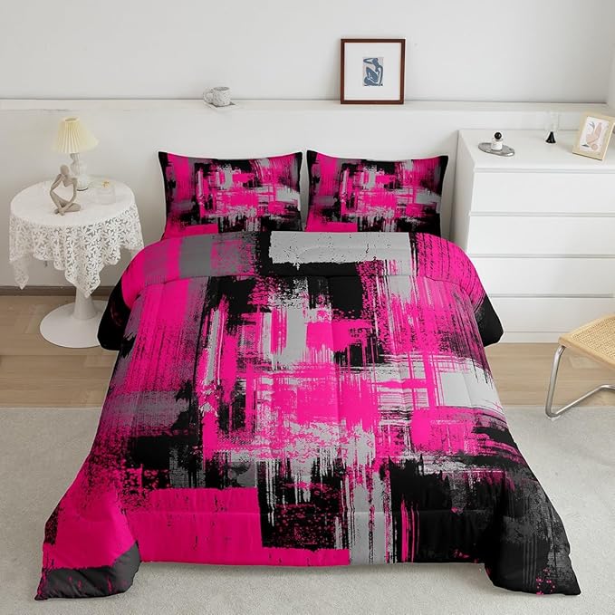 Feelyou Hot Pink Grey Black Abstract Duvet Quilt Twin Size Geometric Bedding Set for Kids Boys Girls Decor Modern Comforter Set Breathable Soft Microfiber Buffalo Check Bedroom Decor Bedclothes