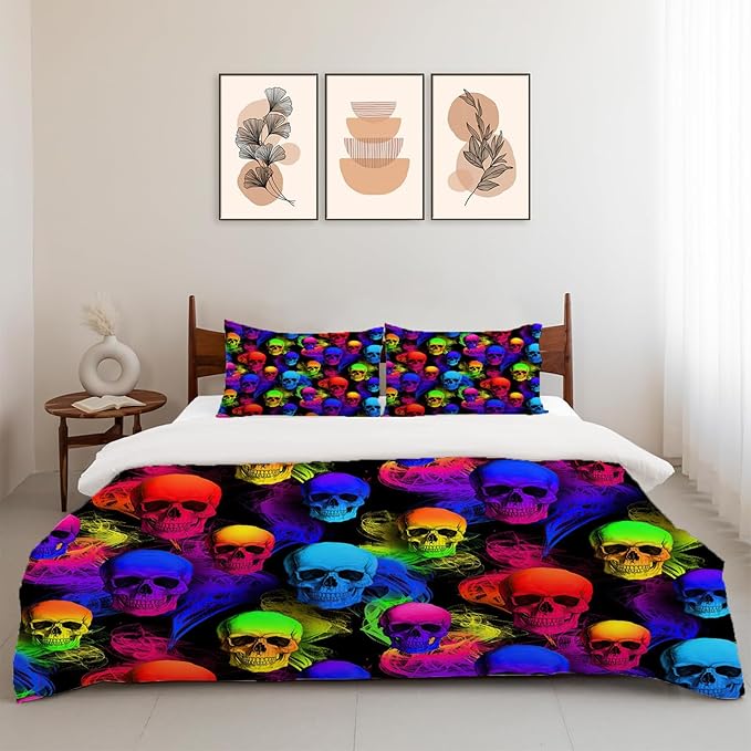 Skull Theme 3 Pieces Duvet Cover Comforter Set with 2 Pillowcase Queen Size Gothic Colorful Bed Sheet Quilt Bedroom Bedding for Lover Kids