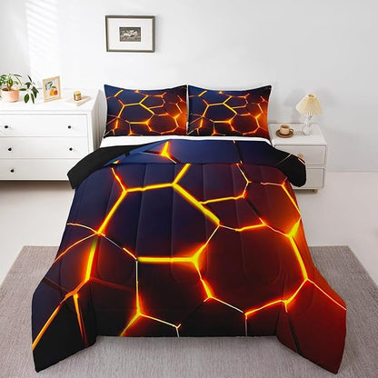 Honeycomb Print Bedding Set Red Black Fire Hexagonal Pattern Comforter Set for Kids Boys Girls Teens Beehive Geometrical Comforter Breathable Simplistic Duvet Set Room Decor Quilt Set Queen Size