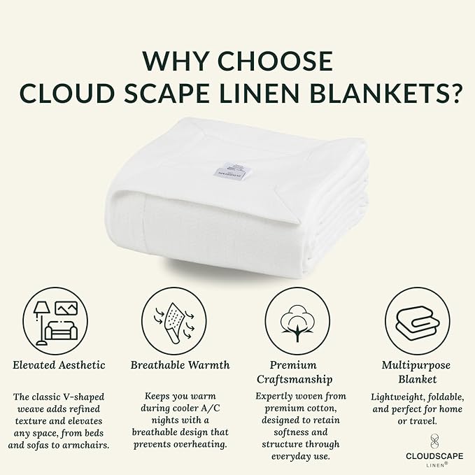 Cloud Scape Linen 100% Cotton Blanket Queen Size - Heavy and Soft, Season, Winter Cozy Thermal Blanket, Herringbone Weave, Best Gift for Women, fits Full Size Bed, 92x92, White