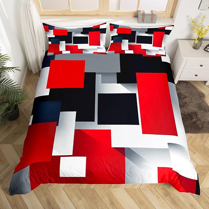 3D Geometric Duvet Cover Set King Size,Red Black Grey Abstract Square Comforter Cover with 2 Pillowcases,Colorful Plaid Print Modern Bedding Set for Adult Young Bedroom Xmas Gift
