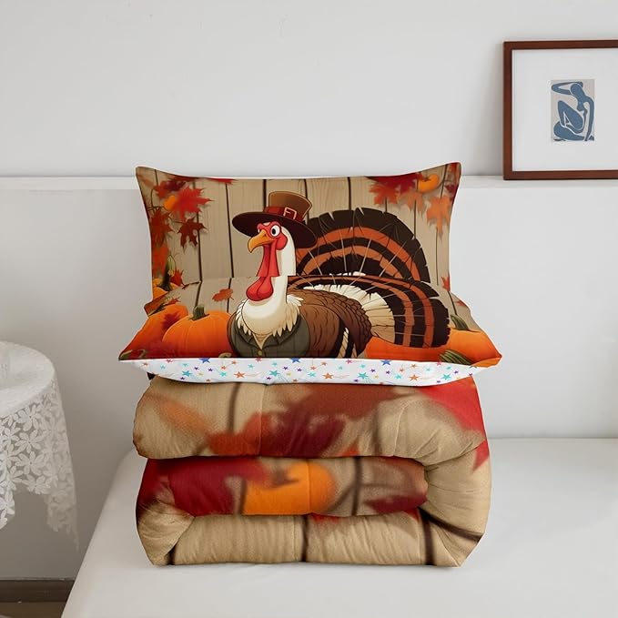 Feelyou Turkey Bedding Set Toddler Size Soft Thanksgiving Harvest Season Fruit Decor Comforter Set for Kids Boys Girls Decor Fall Pumpkin Comforter Microfiber Gamboge Duvet Set
