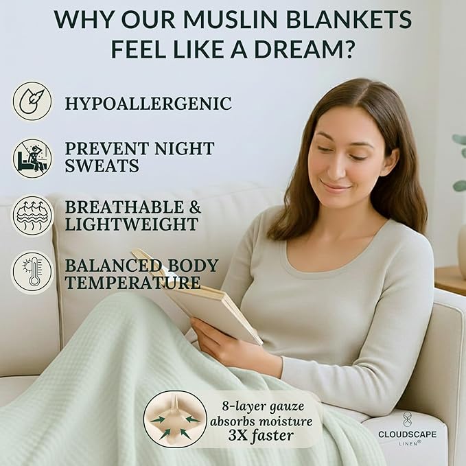 Cloud Scape Linen Extra Large 8 Layer Muslin Throw Blanket - 100% Cotton Gauze, Soft and Breathable, Winter Blanket for Couch, Sofa and Bed, Idea, 50x70, Seafoam