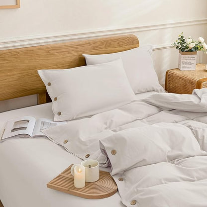 JELLYMONI Cotton Duvet Cover Super Queen Size - Beige Comforter Cover with Button 100% Washed Cotton 3PCS Breathable Soft Solid Bedding Set Duvet Cover 98×90in & 2 Pillowcases (NO Comforter)