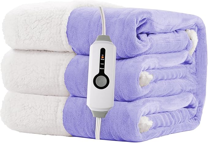 Electric Heated Blanket Throw Size 50"x60" - Dual-Sided with Microplush & Sherpa Fabric, 4 Heat Settings & 3 Hours Auto Off, Machine Washable - Light Purple