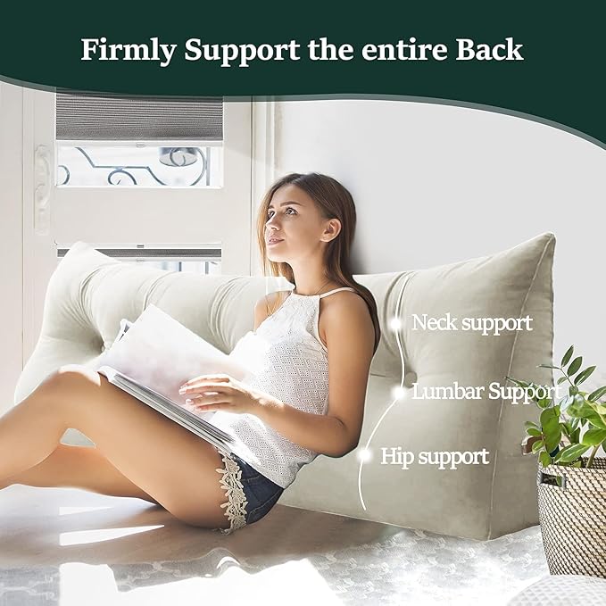 Bed Wedge Headboard Pillow - College Dorm Reading Pillow Back Support While Sitting in Bed - Ergonomic Lumbar Pillow Body Positioning Bed Pillow - Velvet Beige 54IN