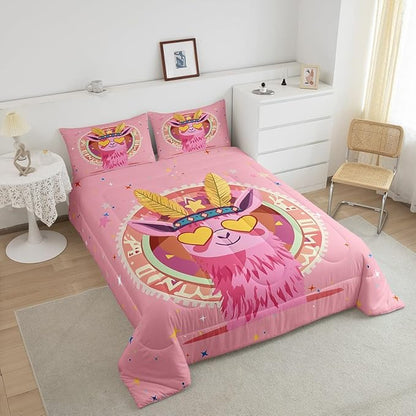Exotic Alpaca Bedding Set Queen Size Bohemia Tribal Style Comforter Set for Girls Boys Room Decor Cartoon Funny Animal Down Comforter Colorful Star Geometric Quilt Set with 2 Pillowcases