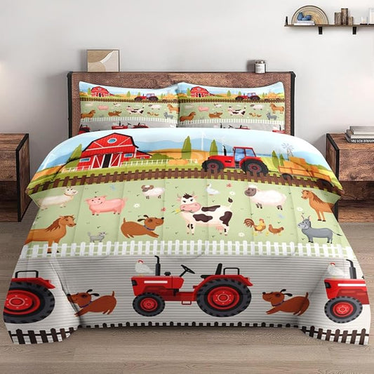 Queen Size Comforter Set with 2 Pillowcase, Farm Animal Birds Soft 3 Pcs Bedding for Kids and Adults, Barn House Cute Comforter Set for Room Bedroom Bed Decor