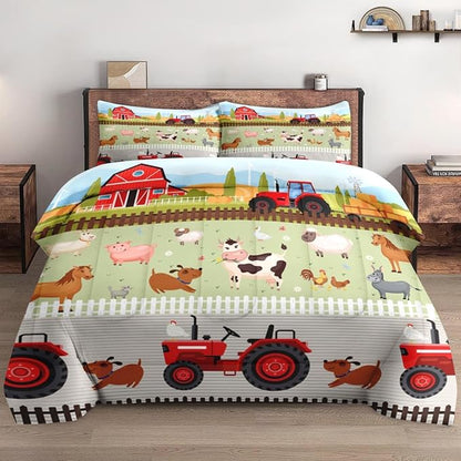 Twin Size Comforter Set with Pillowcase, Farm Tractor Animal Soft 2 Pcs Bedding for Kids and Adults, Barn House Cute Comforter Set for Room Bedroom Bed Decor