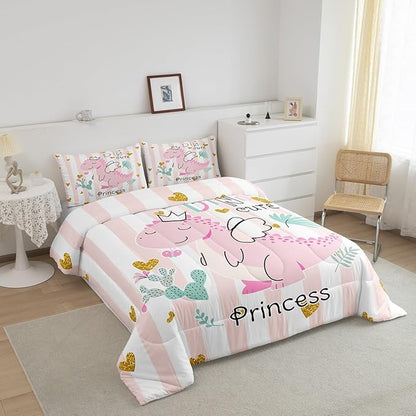 Castle Fairy Pink Dino Comforter Set Twin Size,Kawaii Cute Dinosaur Princess Bedding Set for Kids Boys Men,Cartoon Animal Girly Heart Stripes Quilted Duvet Set with 1 Pillowcase