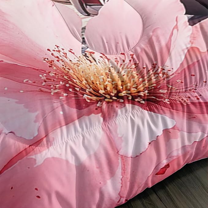 France Paris Eiffel Tower Comforter 3Pcs Twin Pink Car Peach Blossom Bedding Set for Kid Teen Girl Boy Adult Aesthetic Cherry Flowers Floral Quilt Bed Decor with 1 Comforter and 2 Pillowcases