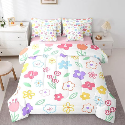 Feelyou Cute Flower 7 Piece Bedding Set Colorful Floral Comforter Set with Sheets for Kids Boys Girls Cartoon Hand-Drawn Bed in a Bag Botanical Decor Bed Set Soft Lightweight