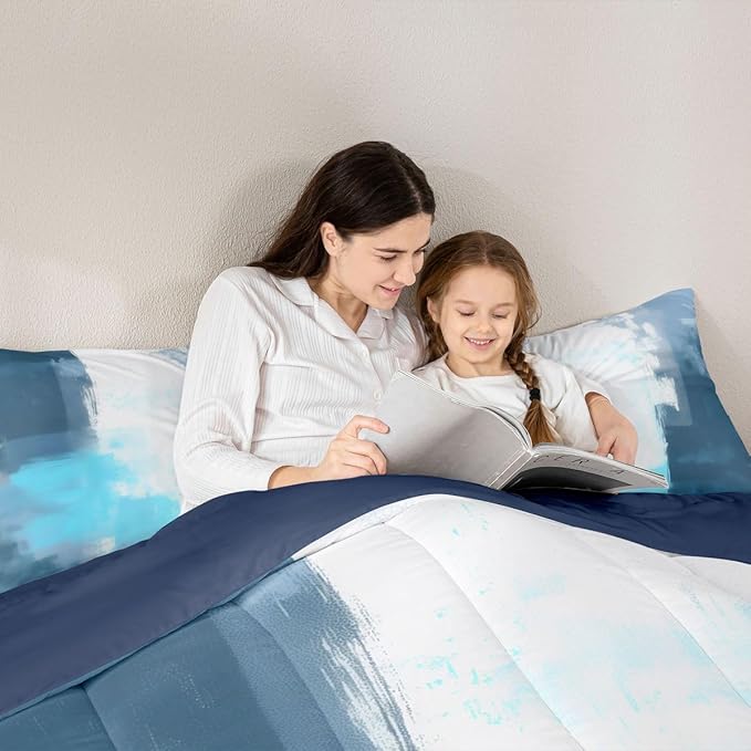 Feelyou Abstract Comforter Modern Abstract Art Comforter Set for Boys Girls Children Teal Blue Grey Pattern Bedding Set Room Decor Full Size Duvet Set 3Pcs