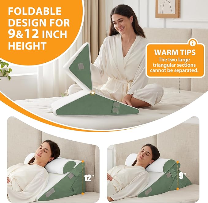 3PCS Wedge Pillow Set for After Surgery, Adjustable 9&12 Inch Bed Wedge Pillow for Sleeping, Incline Pillow Wedge for Headboard, Post Surgery, Acid Reflux, Neck&Back Support, Green
