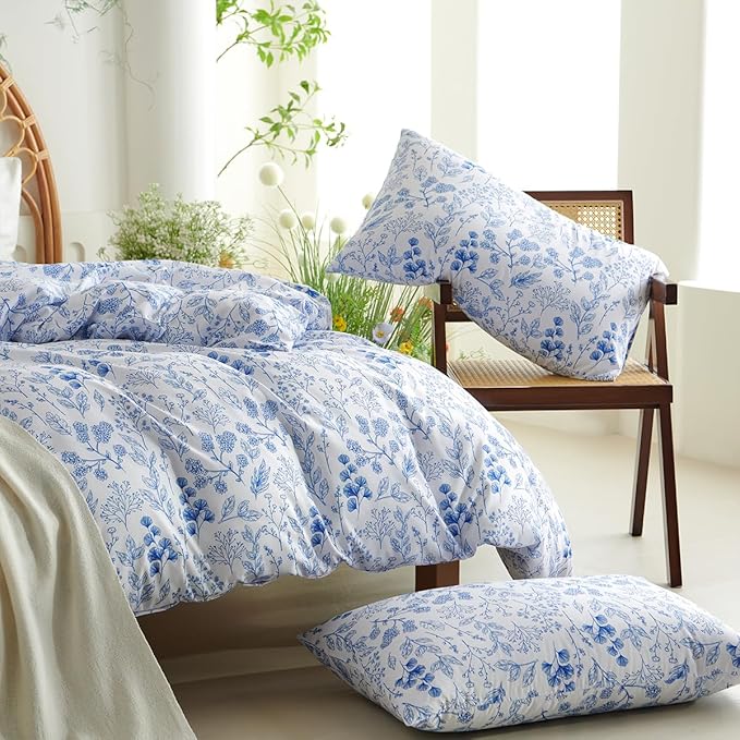 Blue Floral Duvet Cover King 3Pcs Botanical Flower Bedding Set Soft Microfiber Cottagecore Flowers Duvet Cover Set with 2 Pillowcases(No Comforter)