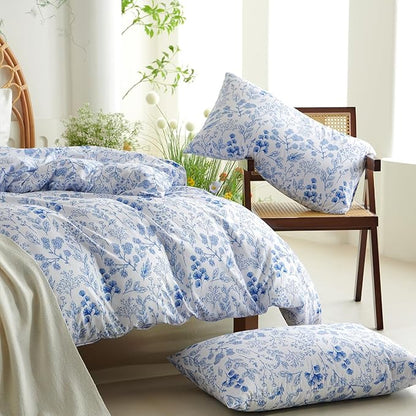 Blue Floral Duvet Cover King 3Pcs Botanical Flower Bedding Set Soft Microfiber Cottagecore Flowers Duvet Cover Set with 2 Pillowcases(No Comforter)
