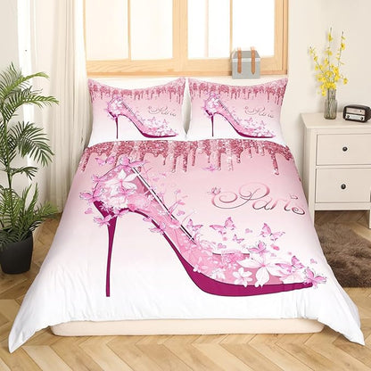 Girls Pink Duvet Cover Twin Size,Flowers Butterfly High Heels Bedding Set for Woman Couple Bedroom Decor,Fantasy Glitter Comforter Cover Romantic Paris Quilt Cover,1 Pillowcase,Valentine Day Gifts