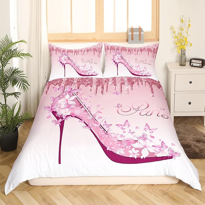 High Heels Feminine Duvet Cover Set Queen Size,Butterfly Romantic Bedding Set 3pcs for Kids Girls Women Room Decor,Pink Gradient Glitter Comforter Cover,Fantasy Princess Quilt Cover,2 Pillowcases