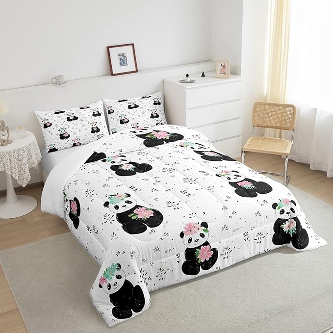 Cartoon Panda Comforter Set King Size Watercolor Flower Bedding Set Kids Boys Girls Cute Tropical Animal All Season Quilt Set Black White Bedding Comforter Sets,3Pcs