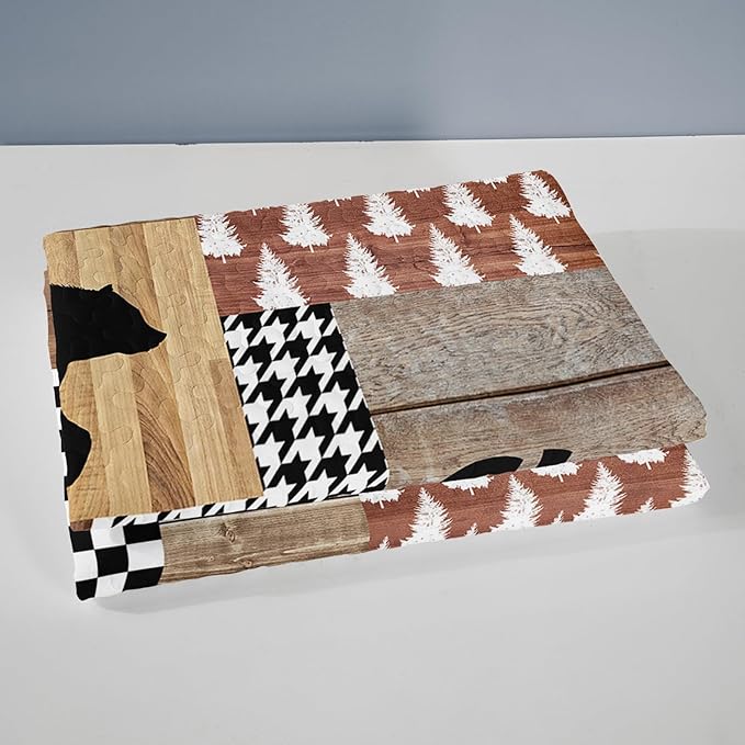 QOOMO Hunting Quilt Set Full/Queen Size,Farmhouse Bedspread Coverlet Set,Deer Bear 3Pcs Bedding Set Printed Quilt with 2 Pillowcases,Soft and Lightweight,for All Seasons